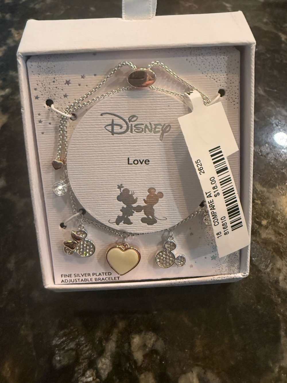 Disney Silver Tone Charm Bracelet with Cream Heart & Sparkling Mickey Charms